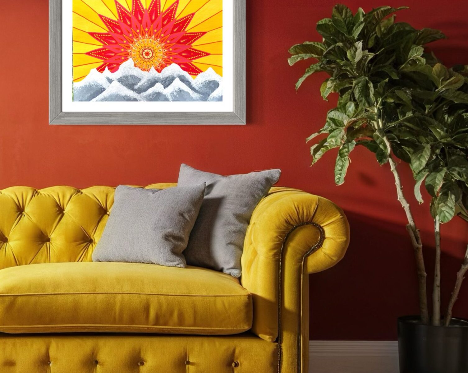 sunrise, mountains, mandala, painting, orange, yellow, snow, colorado, art, acrylic