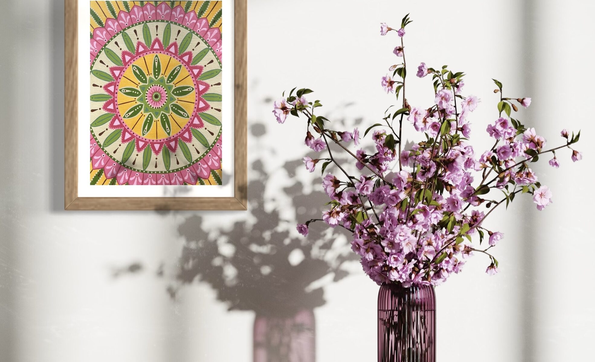 mandala, pink, golden, garden, acrylic, painting, sage