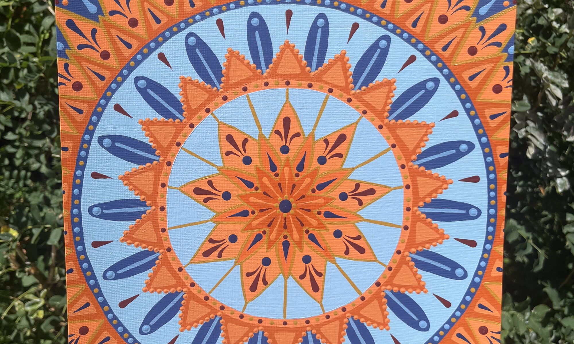 mandala, morning, glory, orange, blue, circle, art, acrylic,