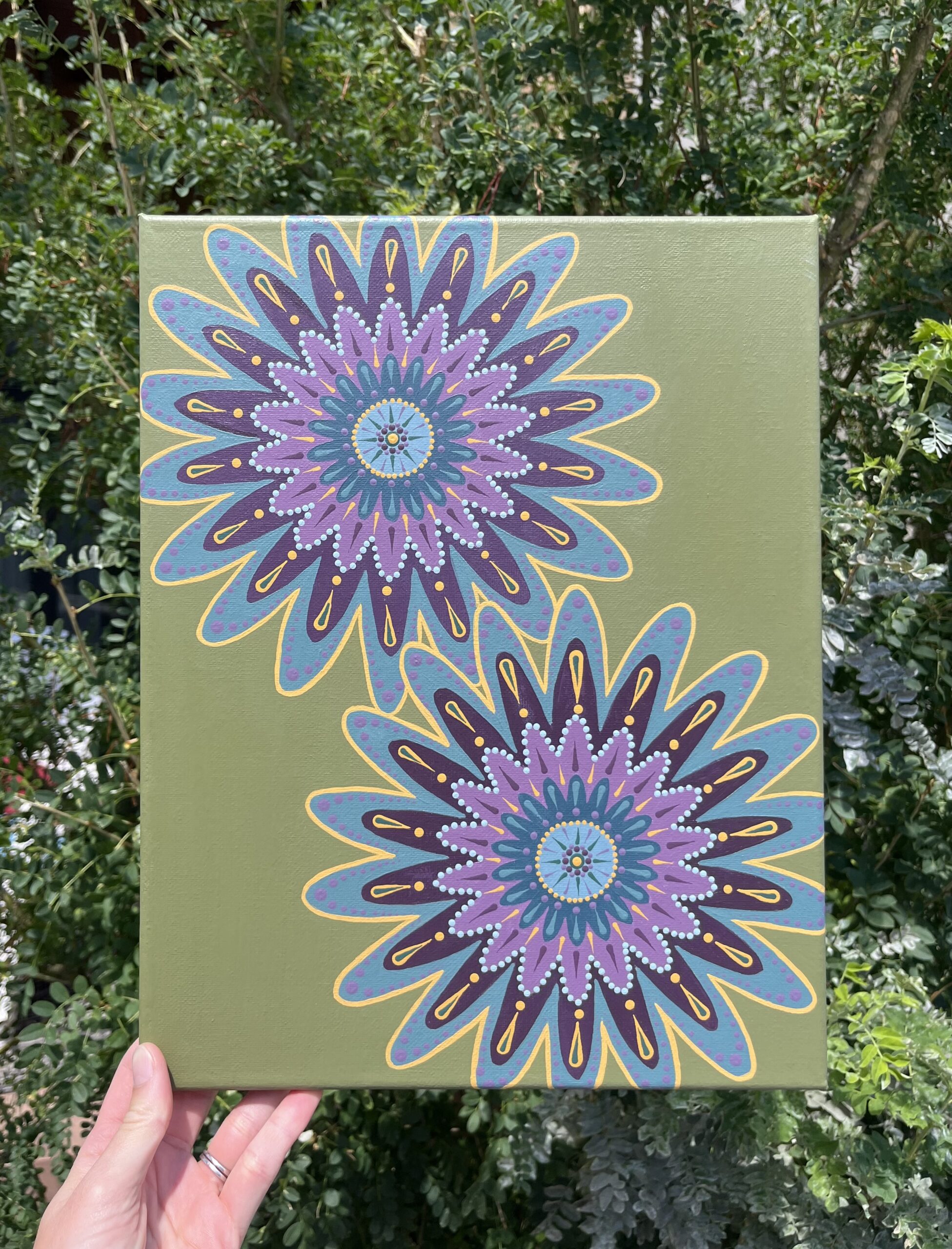bloom, flower, hydrangea, mandala, art, circle, purple, blue, green