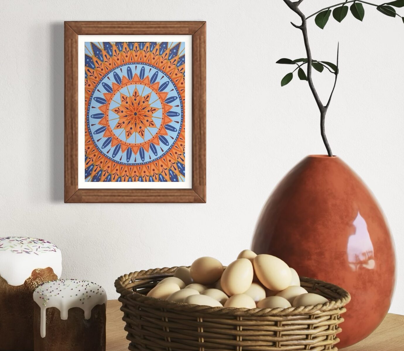 morning, glory, mandala, acrylic, painting, original, orange, blue, circle