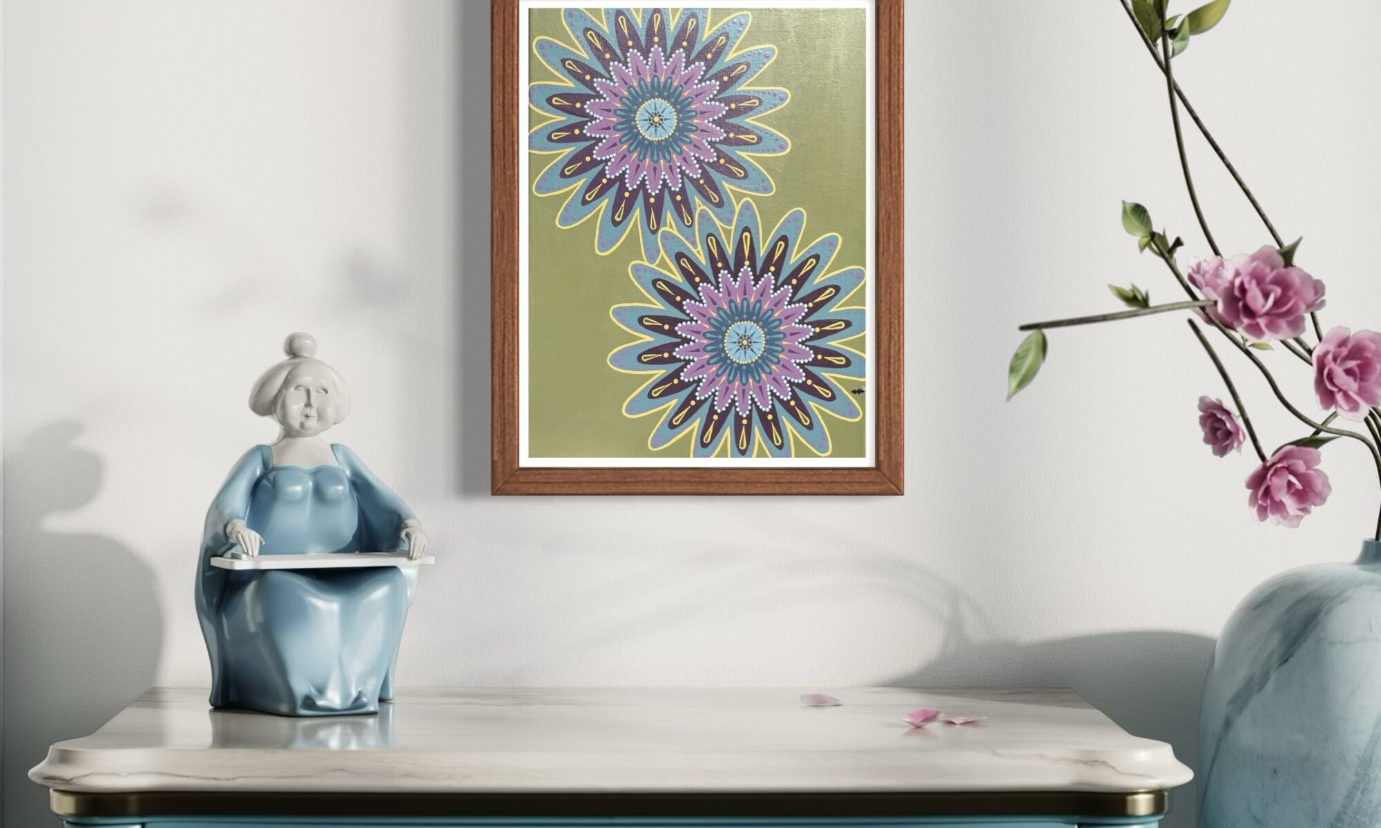 frame, bloom, mandala, flower, green, purple, blue, acrylic, print