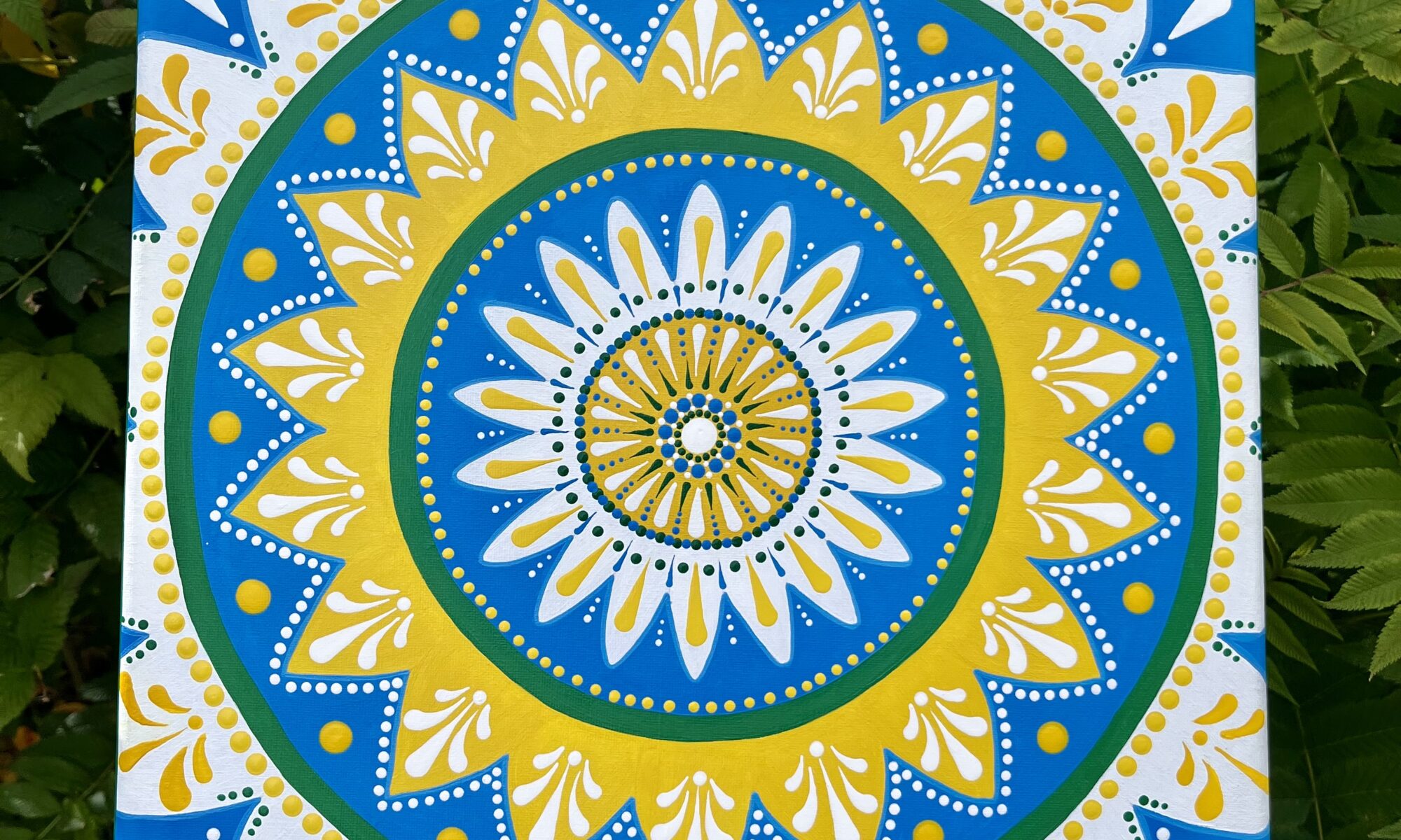 daisies, blue, yellow, white, pattern, mandala, painting