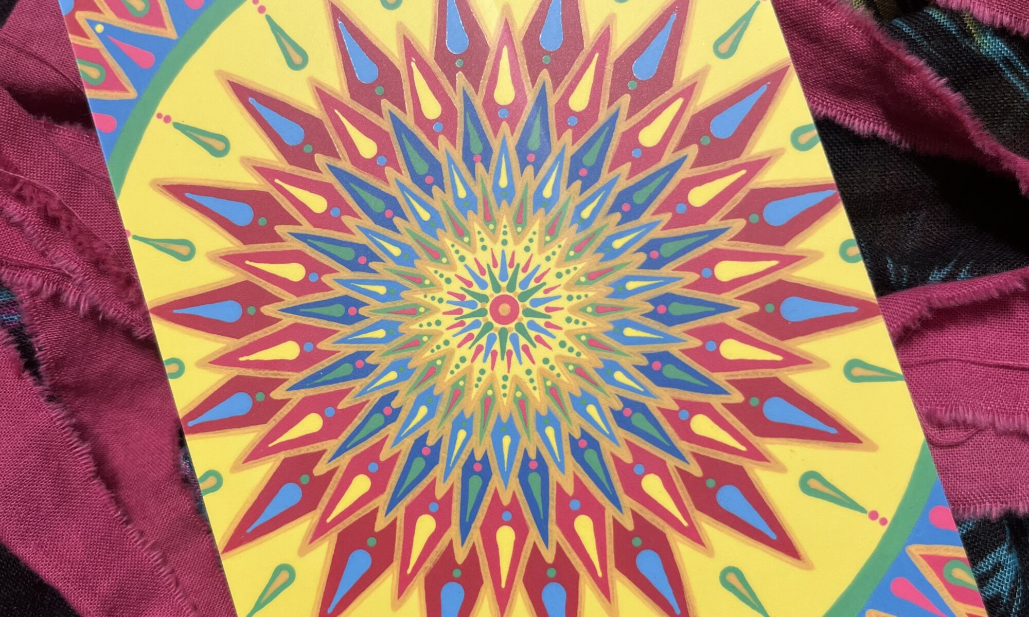 sun, mandala, yellow, pink, bright, post, card