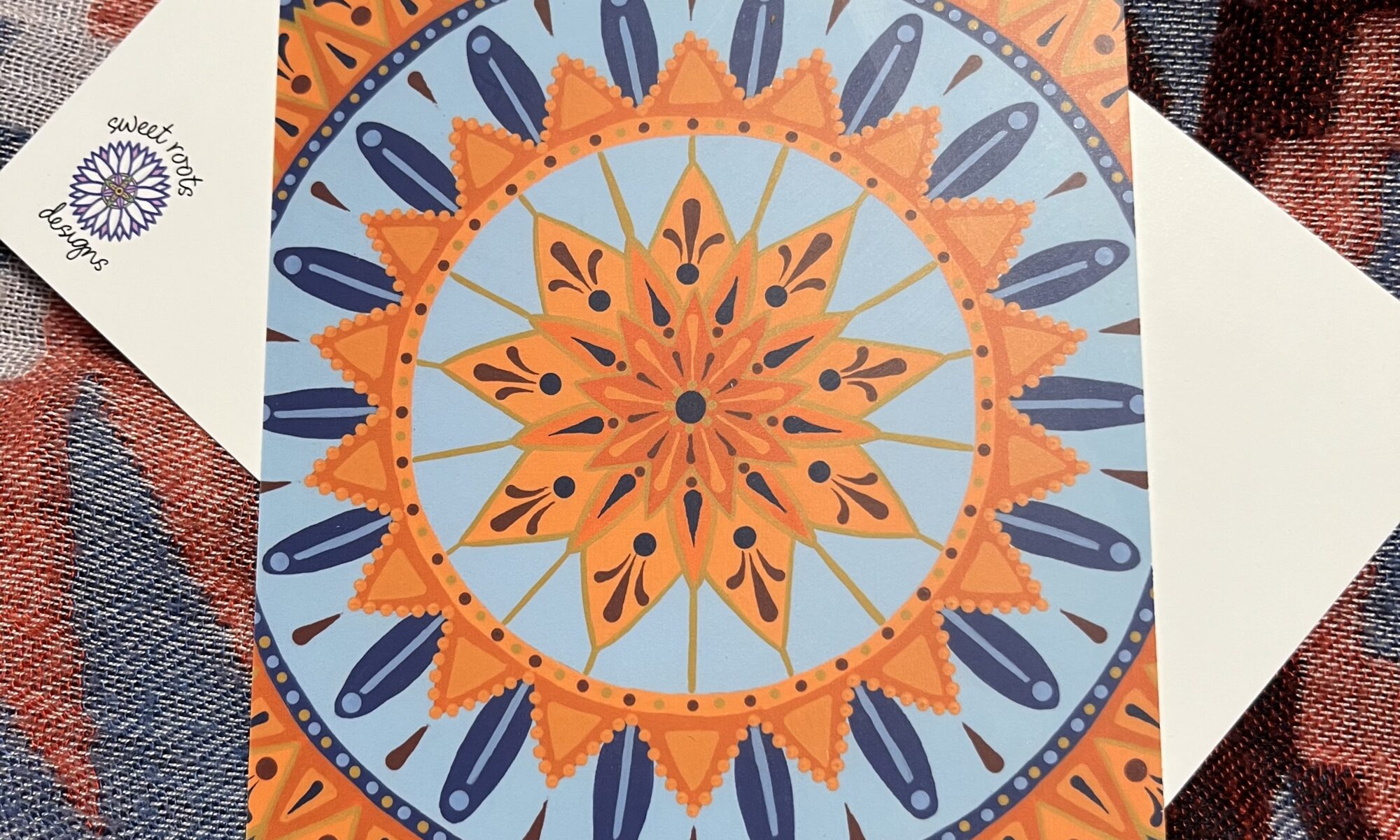 orange, blue, mandala, post, card, morning, glory