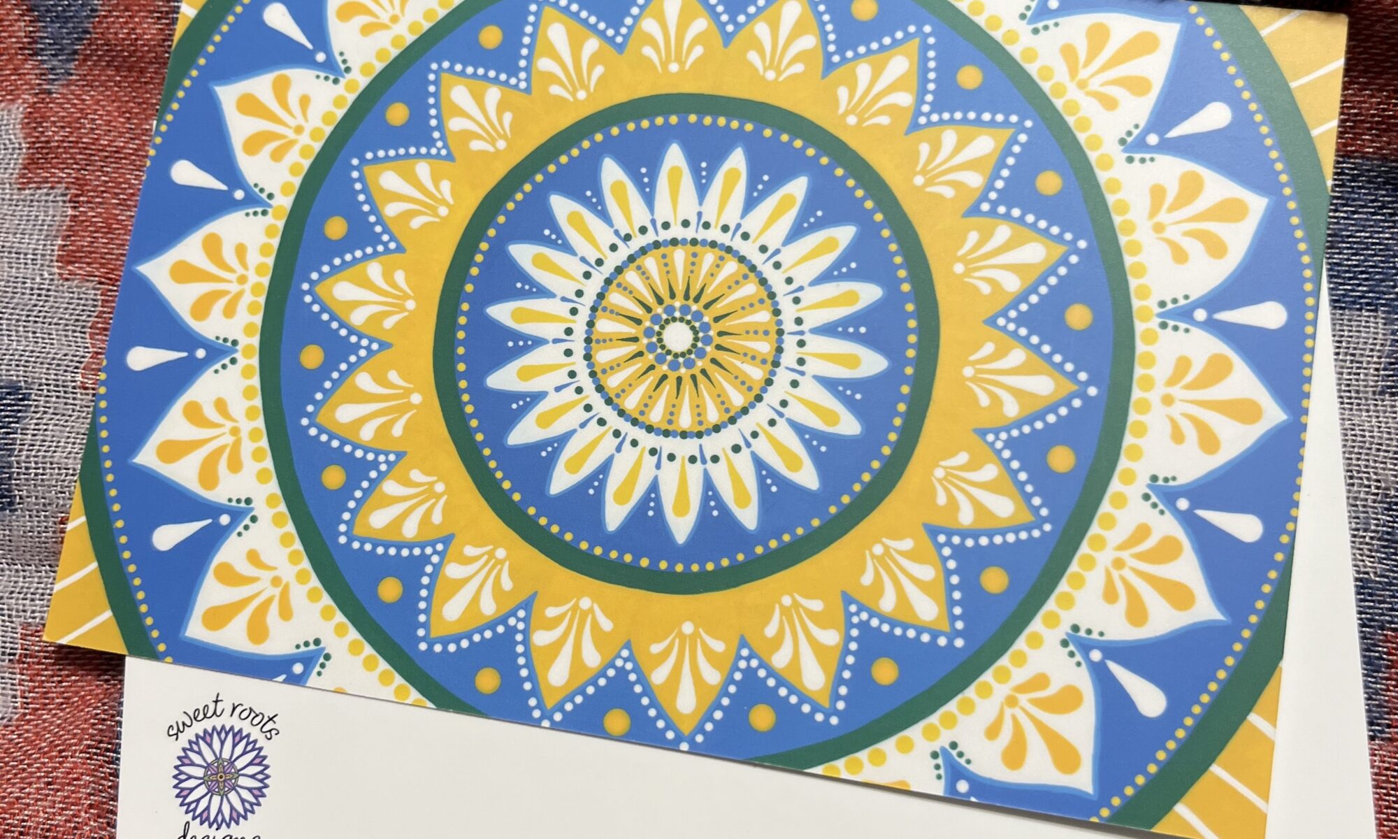 daisy, blue, yellow, white, green, flower, mandala, post, card