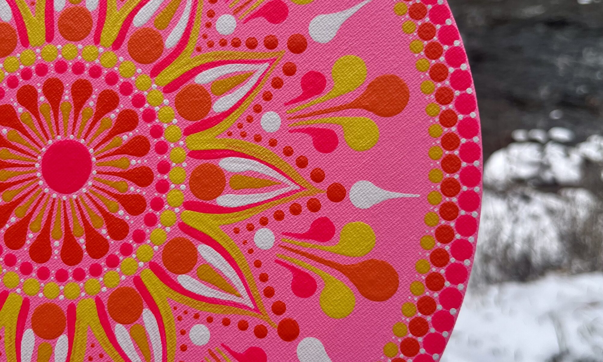 pink, yellow, white, orange, bright pink, highlighter, mandala, pattern, painting